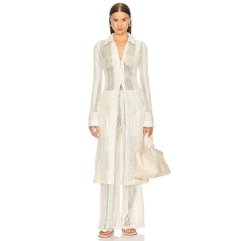 L'Academie By Marianna Arabella Ivory Pointelle Crochet Knit Button Down Duster